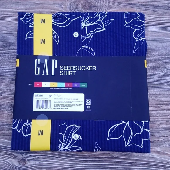 New Gap Seersucker Short Sleeve Striped Hawaiian Blue Button Up Shirt - Picture 5 of 10